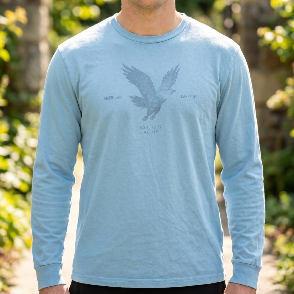 American Eagle Super Soft Long Sleeve Graphic Tee Light Blue Standard Fit L
